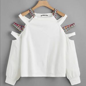 Ladder cut out shoulder pullover